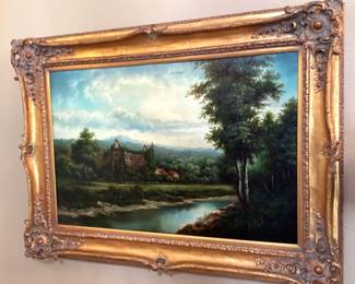 #31 - $150 - Reproduction oil landscape by river, 34x45".