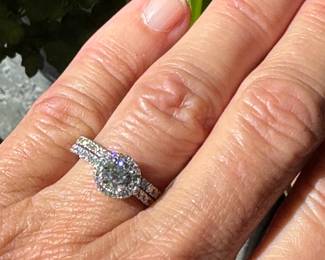 J8 - $1,350 - Sz 6 1/2 approx 1/2 round ctw & 1 ctw small diamonds in wedding set - 14kt white gold - 4.3 gr - 5.1 mm.