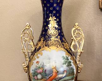 #14 - $100 - Early English porcelain blue cobalt /gold vase, 15x5", bird scene on one side.