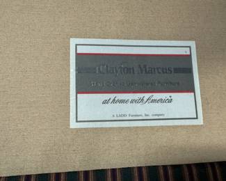 #105 - $300 - Clayton Marcus Neoclassical Sofa, striped fabric. (There are cushions)