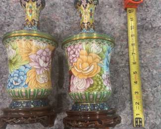 #117 - $150 - Pair of cloisonne floral scene vases, 12".