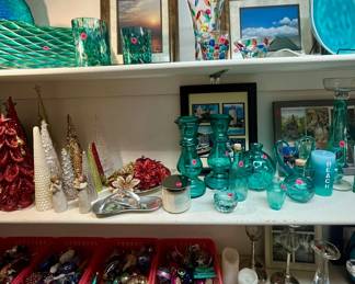 Murano vase, turquoise candle holders, Christmas ornaments