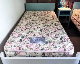 Vintage Mid Century Norman Bel Geddes for Simmons Furniture Metal Bedroom Furniture: twin beds, nightstand, chest, chair, bench. 