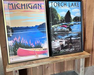 MICHIGAN & TORCH LAKE FRAMED LANTERN PRESS ART 