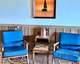 BAMBOO CHAIRS WITH TILE STEP DOWN TABLE AND VINTAGE SAILBOAT PAINTING