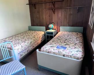 Vintage Mid Century Norman Bel Geddes for Simmons Furniture Metal Bedroom Furniture: twin beds, nightstand, chest, chair, bench. 