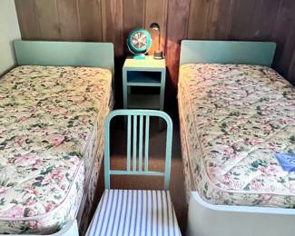 Vintage Mid Century Norman Bel Geddes for Simmons Furniture Metal Bedroom Furniture: twin beds, nightstand, chest, chair, bench. 