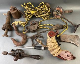 Lot 60 – Vintage Pulleys & Rustic Tools