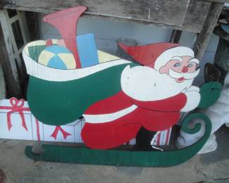 1950s cut out plywood painted home made Santa and sleigh for outdoor decoration $45.
