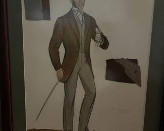 Original Costume Sketch by Pat Barton, an Edith Head design. Gentleman Kreton #4. Gallery framed and contains a piece of the actual costume fabric.