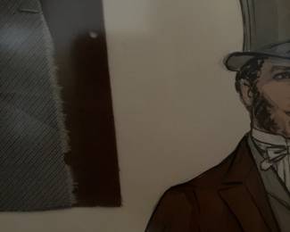 Original Costume Sketch by Pat Barton, an Edith Head design. Gentleman Kreton #4. Gallery framed and contains a piece of the actual costume fabric.