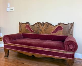 Victorian Tiger Oak & Velvet Settee