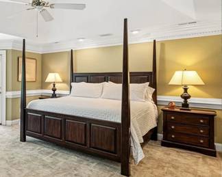 Klaussner King Bed, pair of night stands & lamps