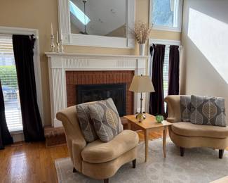 Pair of chairs, 4 velvet drapery panels