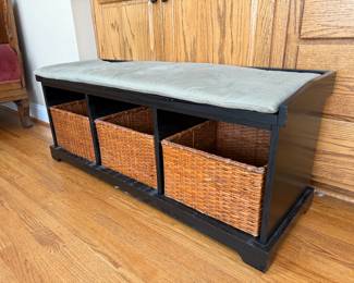 Pottery Barn bench with basket storage