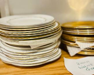 White and gold 8 inch plates $8