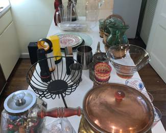 kitchen items, copper chafing dish, bar ware
