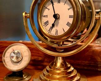 Brass Gimbal Clock and Thermometer Set