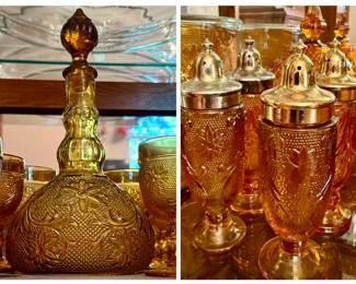 Tiara Indiana Amber Sandwich Glass Decanter with Stemware and Salt/Pepper Shakers