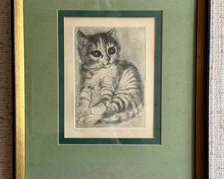 Vintage framed "Sitting Kitten" etching by McGinnis (#55/300)