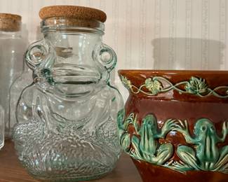 Glass Frog Lidded Canister and Frog Flowerpot 