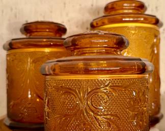 Tiara Indiana Amber Sandwich Glass Canisters 