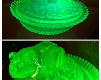 Vaseline glass frog lidded trinket bowl
