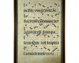 FRAMED ANTIQUE ANTIPHONARY ON VELLUM, MUSIC MANUSCRIPT
