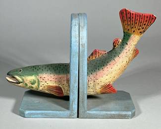 CARVED & POLYCHROME PAINTED WOOD TROUT FISH BOOKENDS
