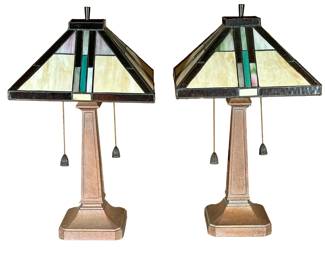 (2pc) PAIR TIFFANY STYLE MISSION STAINED GLASS LAMPS

