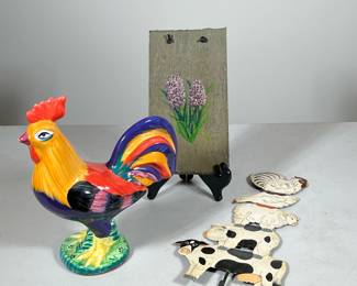 (3pc) Ceramic Rooster, Animal Hook And Hyacinth Slate Painting
