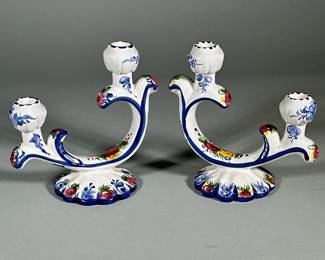 (2pc) Hand Painted Ceramic Candelabra From Portugal
