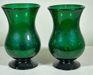 Pair Hand Blown Emerald Green Hurricanes Glass Candle Holders
