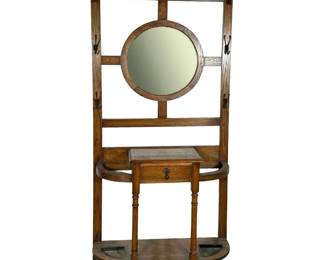 Oak Hall Tree with Round Mirror and Umbrella Stands
