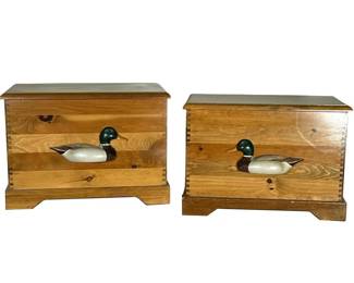 (2pc) Pair of Handcrafted wooden Keepsake Chests with applied Carved decoy Ducks
