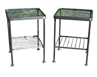 (2pc) PAIR CUSTOM BRUSHED STAINLESS STEEL & GLASS SIDE TABLES
