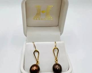 14KT Gold 9MM Freshwater Chocolate Pearl Dangle Drop Earrings
