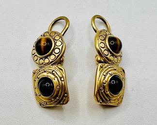 Vintage Premier Designs Gold Tone Earrings with Crown Hallmark & Tigers Eye Stones

