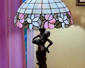 Art Nouveau style Metal Figural Lamp With Tiffany Style Shade
