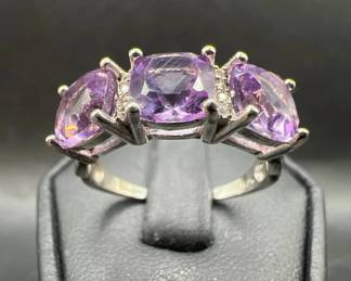 Sterling Silver Amethyst & Diamond Ring Stamped 925
