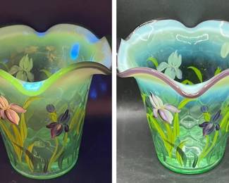 Signed Fenton Opalescent Iris Vase with Sticker — Uranium Glass — Fenton Designer Showcase Series
