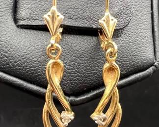 14K Gold Diamond Dangle Earrings — Jewelry Stamped 14K
