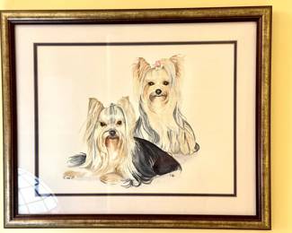 Signed Watercolor Of Yorkshire Terriers Dogs
