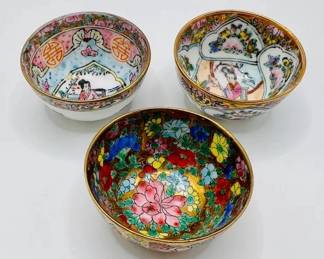 (3) Vintage Eggshell Porcelain Handpainted Miniature Bowls / Sake Cups
