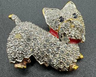 Vintage Gold Plated Sterling Silver Rhinestone Yorkshire Terrier Dog Brooch
