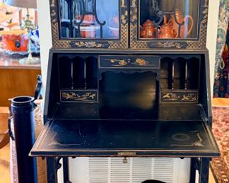 Black lacquered Chinoiserie secretary desk with hutch