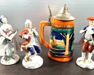 Vintage porcelain Colonial figures, beer stein