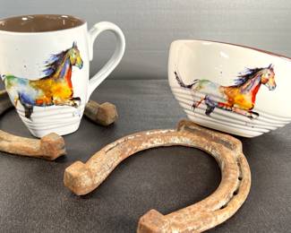 Demdaco Dean Crouser "Running Horse" stoneware mug and bowl, horseshoes