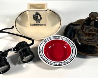 Binicular eye glasses, and ashtrays including Thornburg Co, Huntington, match holder ashtray,