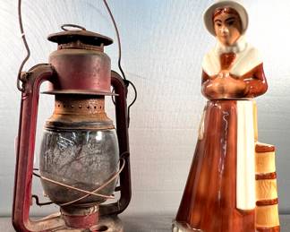 Antique railroad lantern, 1972 "Mountaineers Are always Free" decanter
